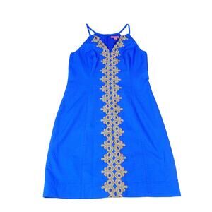Lilly Pulitzer Pearl Gold Lace Trim Blue Shift Dress Women’s Size 6